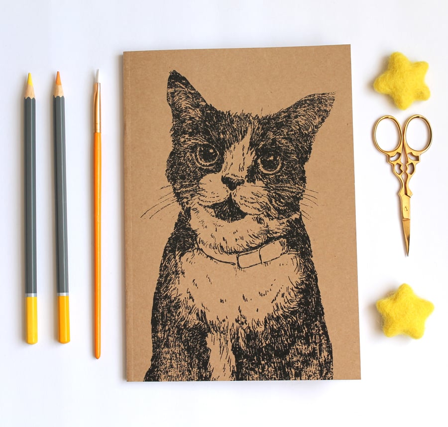 A5 Cat Notebook, Inky Cat Blank Notebook