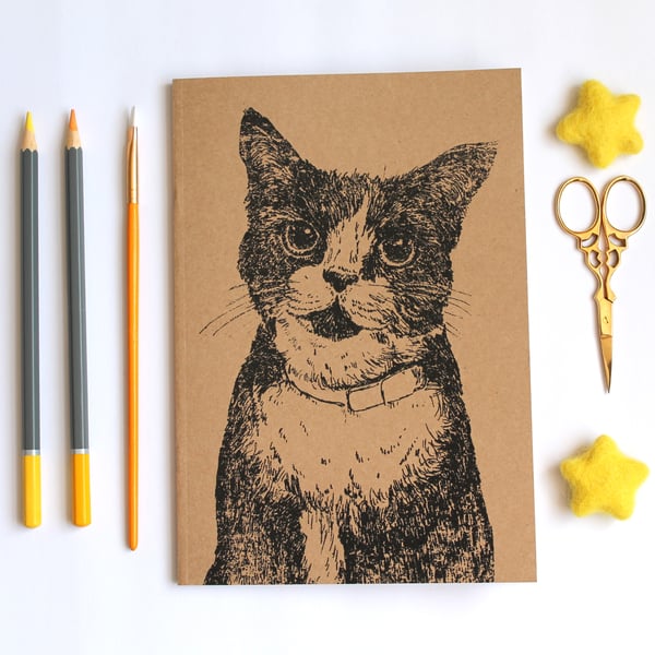 A5 Cat Notebook, Inky Cat Blank Notebook