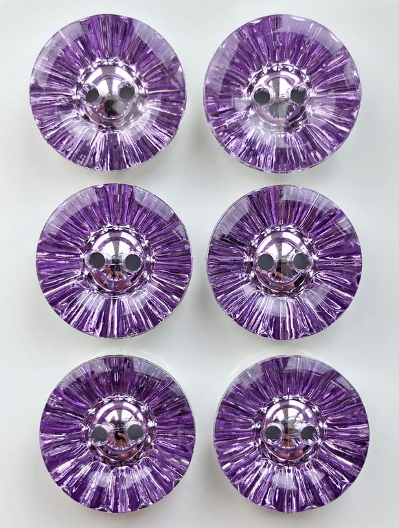 6 Crystal Style Dish Buttons, Lilac, 15mm Wide, Sparkly, Acrylic, Silver Back