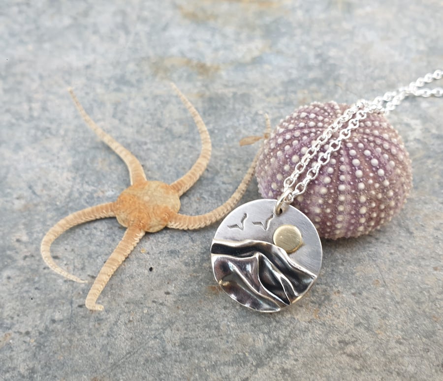 Silver coastal sea landscape mountains hills pendant 