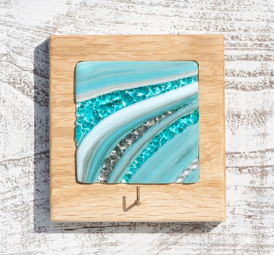 Fused Glass Keyhook in Teal and Grey set in a Handmade Oak Block Frame
