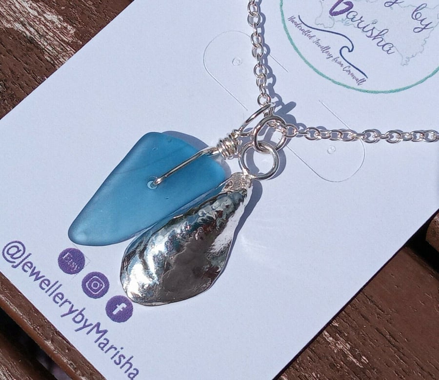 Fine Silver Mussel Seashell and Blue Seaglass Charms on Silver .925 Necklace 