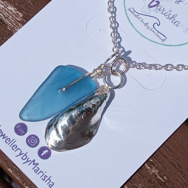 Fine Silver Mussel Seashell and Blue Seaglass Charms on Silver .925 Necklace 