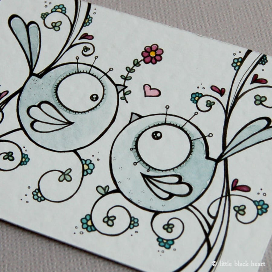 swirly bird pair - original aceo