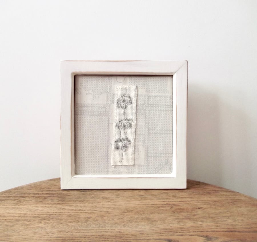 Framed Grey Cross Stitch Embroidered Flowers , Shabby Chic Style White Frame