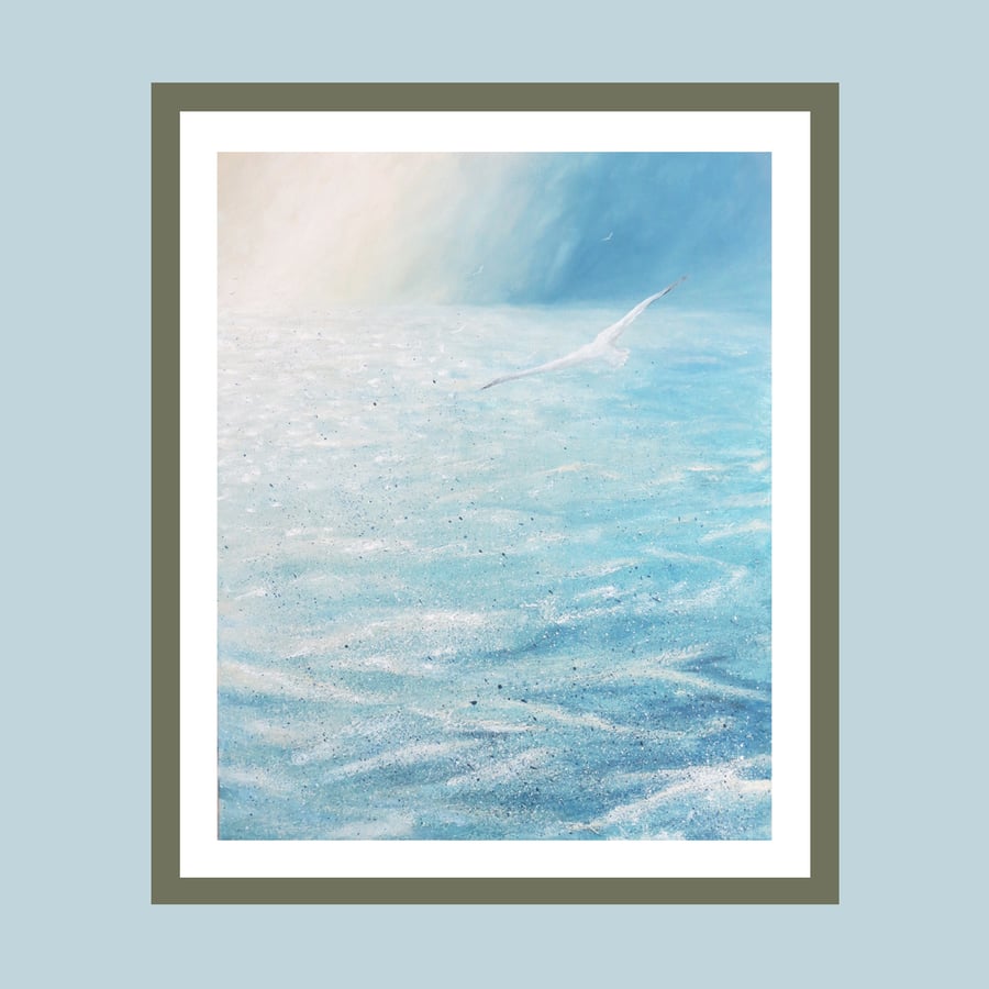 Original coastal painting choppy seas, gliding gulls and dramatic light