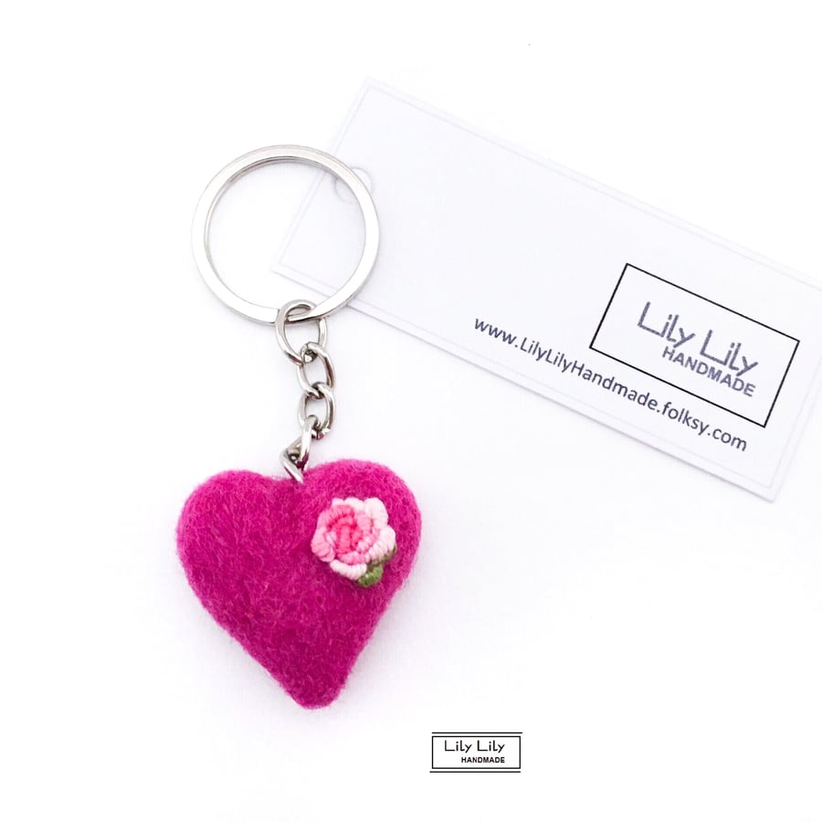 Embroidered needle felted wool heart keyring, bag charm