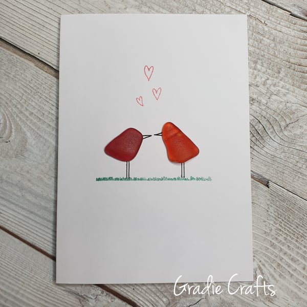 Hand Painted Welsh Sea Glass Love Birds Valentine's Day Card