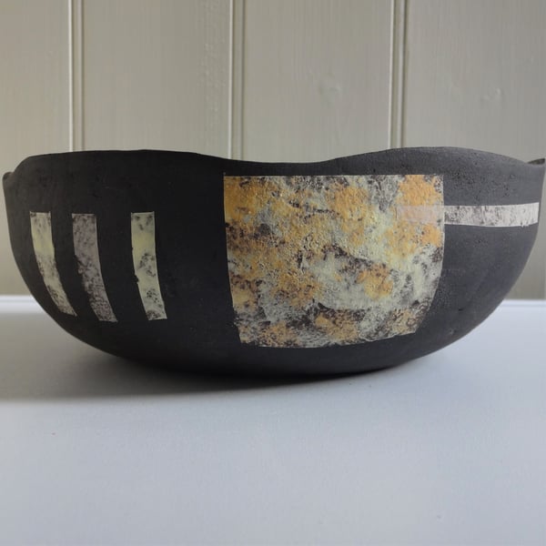Unusual colourful handmade fruit bowl with abstract yellow and grey decoration