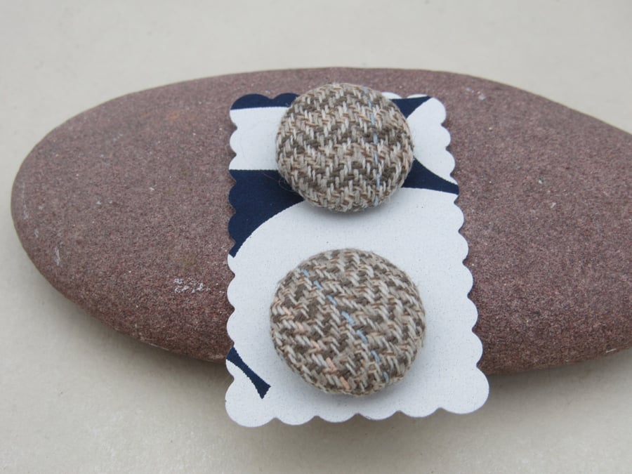 2 Small Handmade Grey Herringbone Fabric Buttons