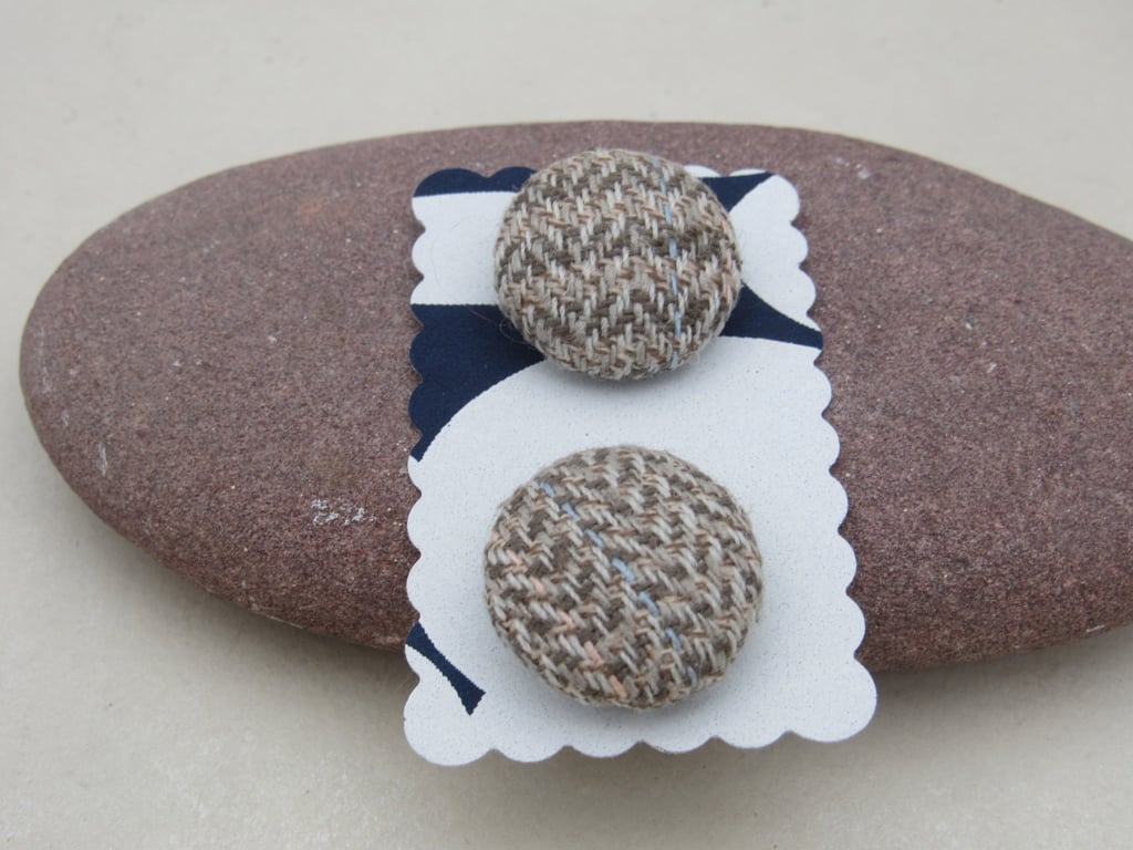 2 Small Handmade Grey Herringbone Fabric Buttons