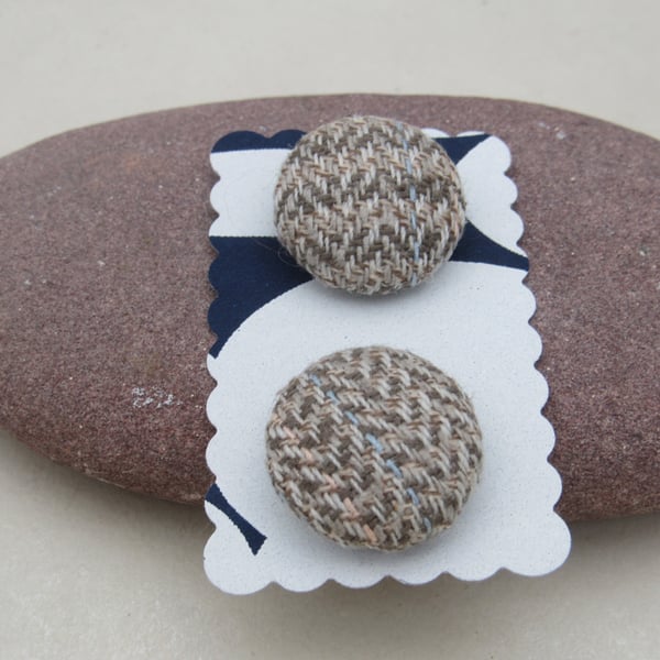 2 Small Handmade Grey Herringbone Fabric Buttons