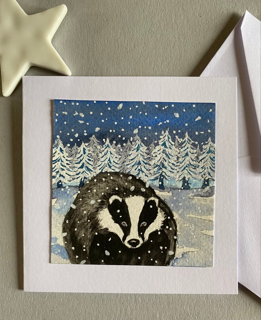 Hand painted Winter badger card