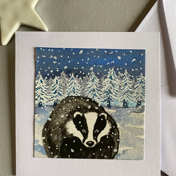 Hand painted Winter badger card
