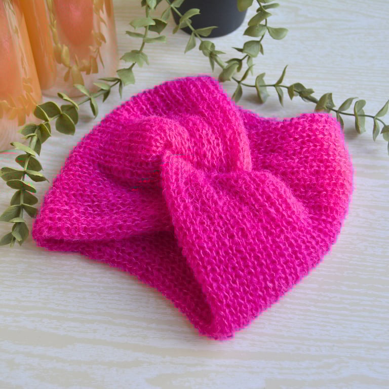 Knitted Headband Earwarmer Soft Alpaca Silk Hot Fuchsia Ready Made