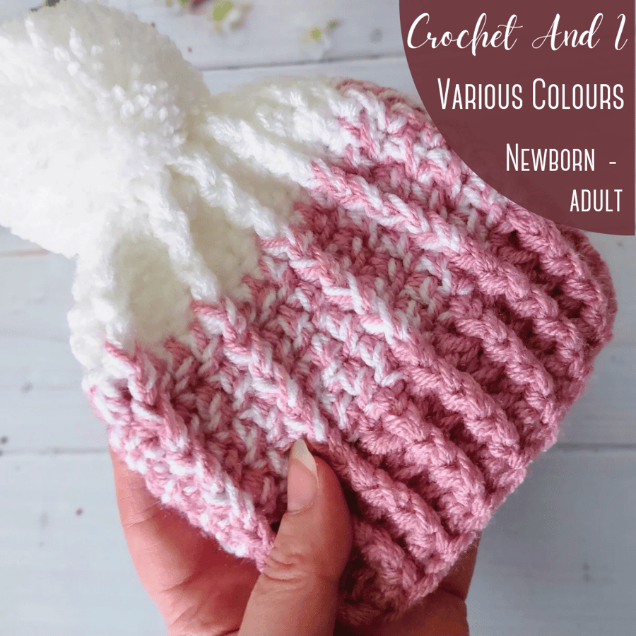  Chunky Handmade Crochet Pom Pom Ombre Hat, Sizes Baby Up To Adult 