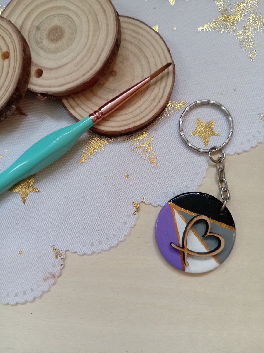 Wooden circular asexual pride flag Keyring 