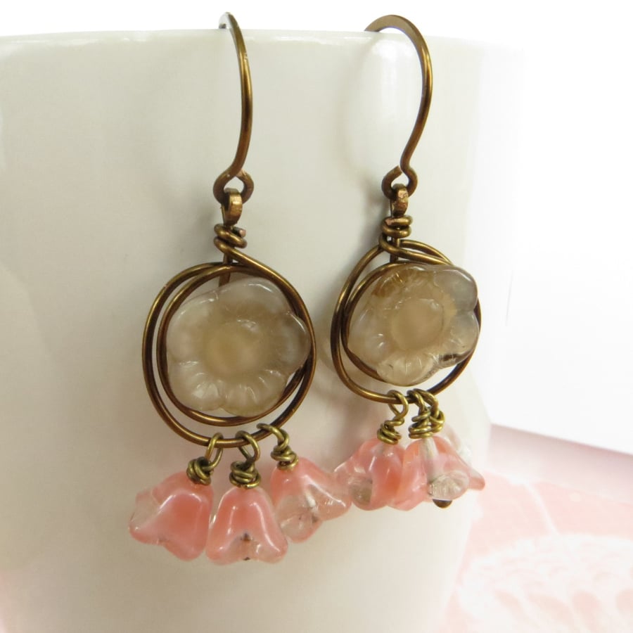 SALE! Pink Flower Earrings, Tea Rose Earrings, OOAK