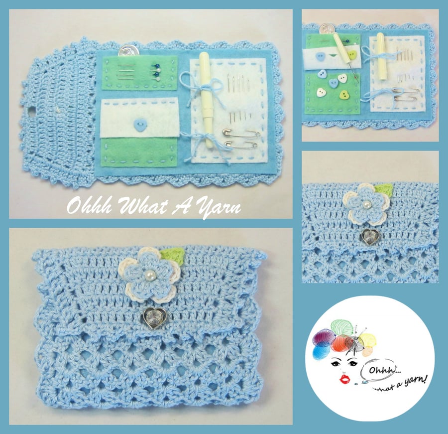 Blue crochet sewing case, sewing kit. 