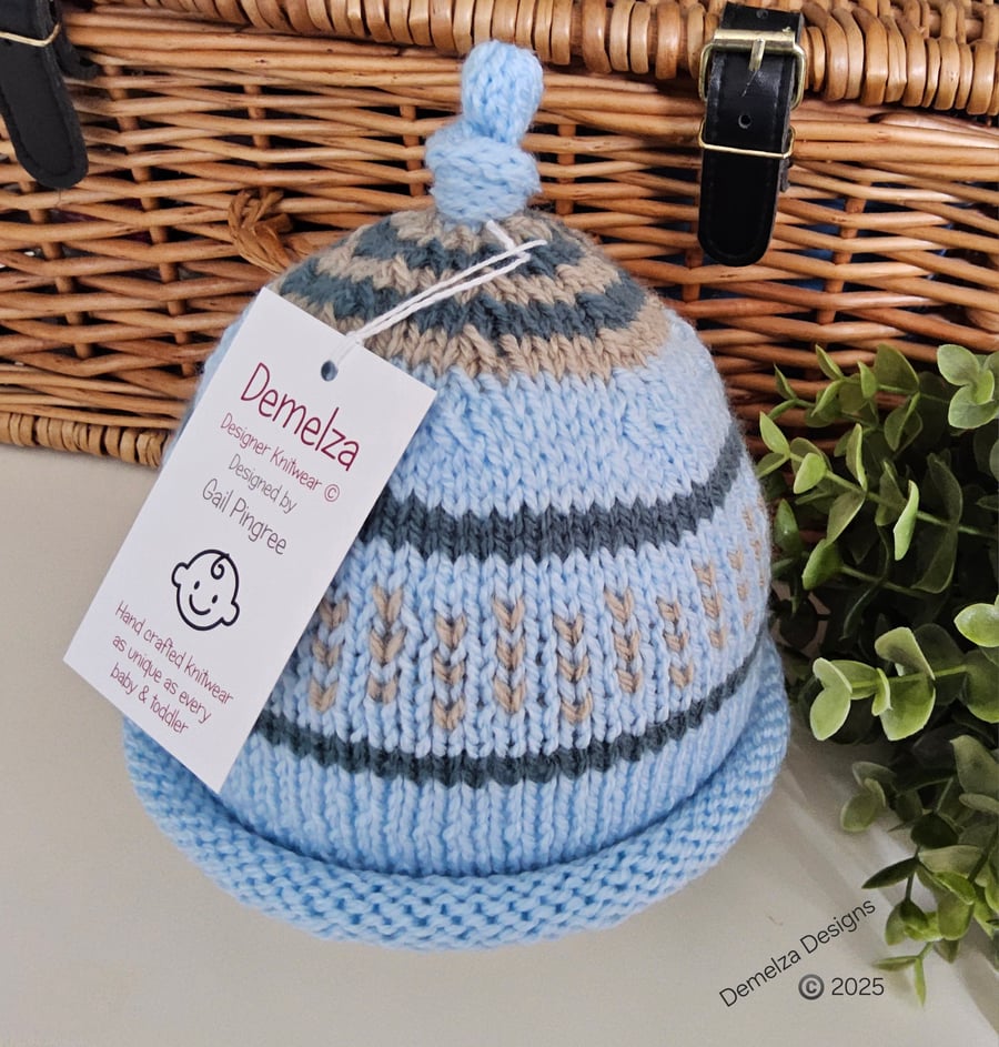 Designer Baby Knotted Fairisle Rolled Beanie Hat 6 - 12 months size 