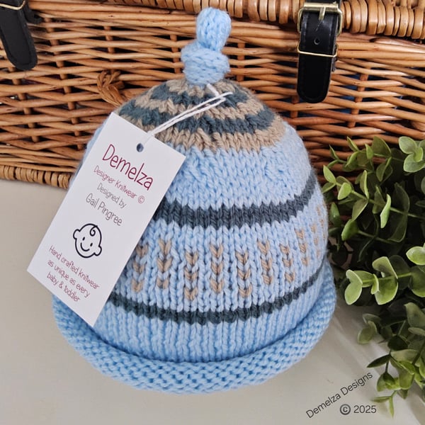 Designer Baby Knotted Fairisle Rolled Beanie Hat 6 - 12 months size 