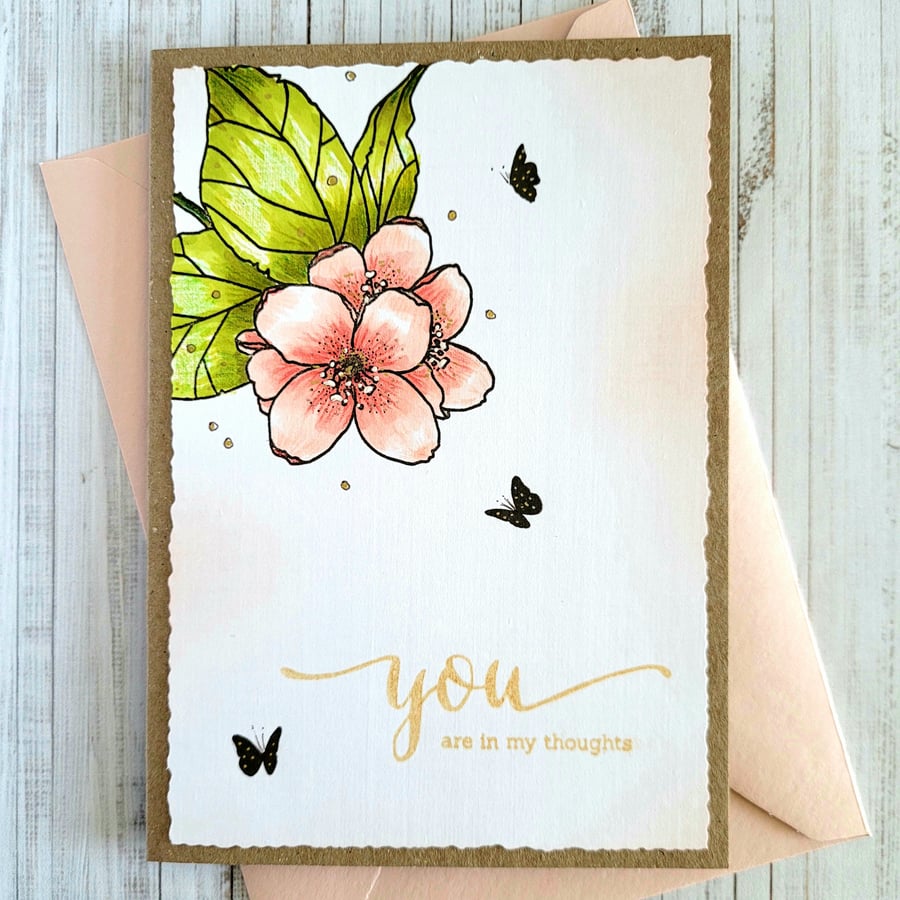 Thinking of You Card - flower, butterfly, blank inside, sympathy, encouragement