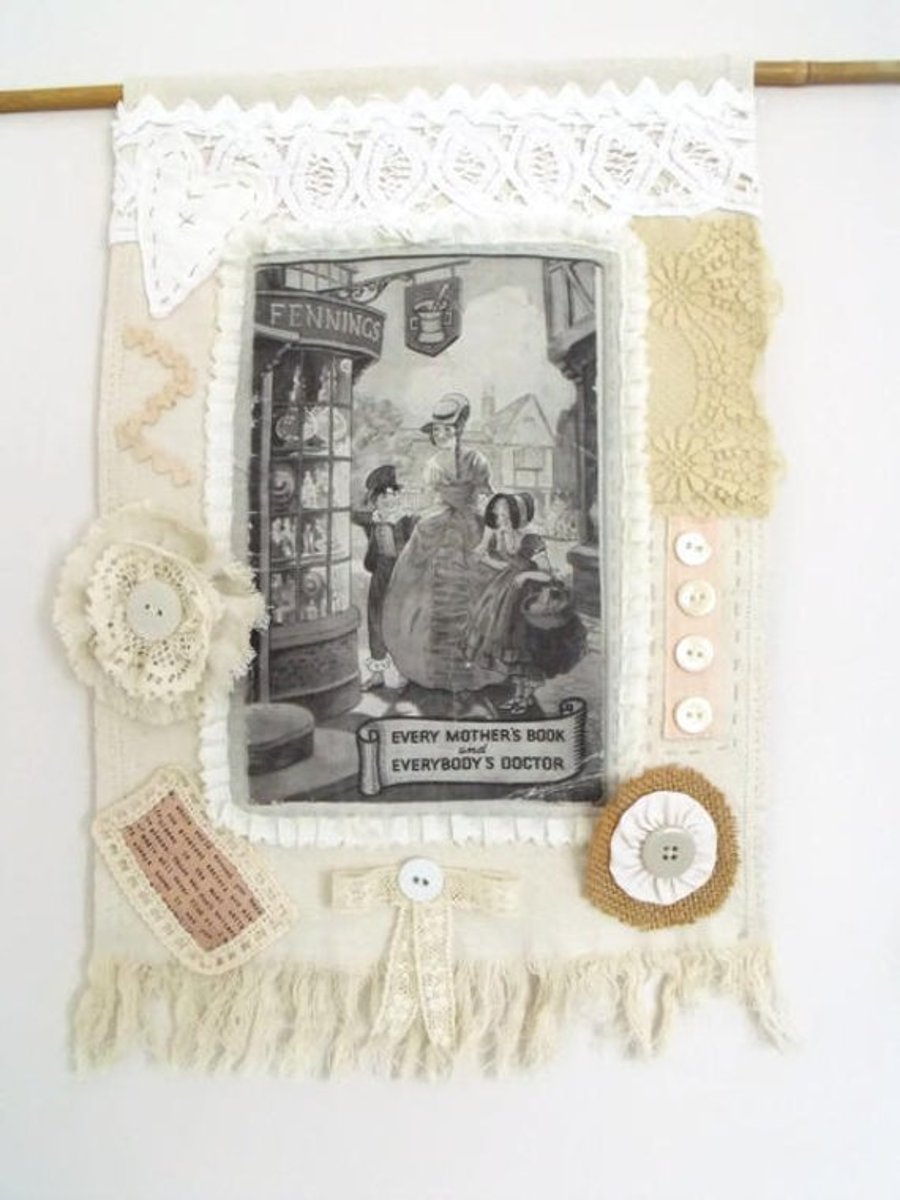 cottage chic vintage style mixed media wall hanging in linen and lace