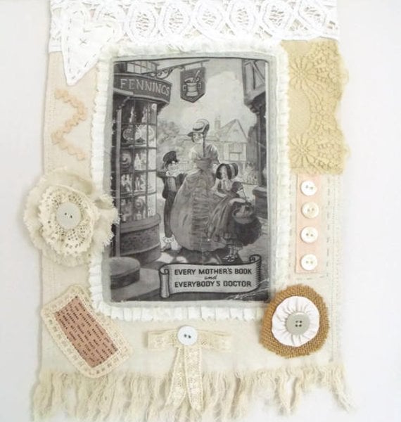 cottage chic vintage style mixed media wall hanging in linen and lace