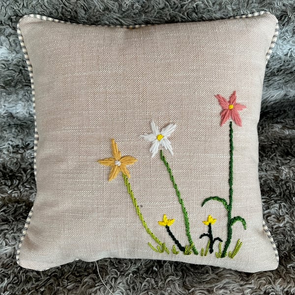 linen cushion with hand tapestry