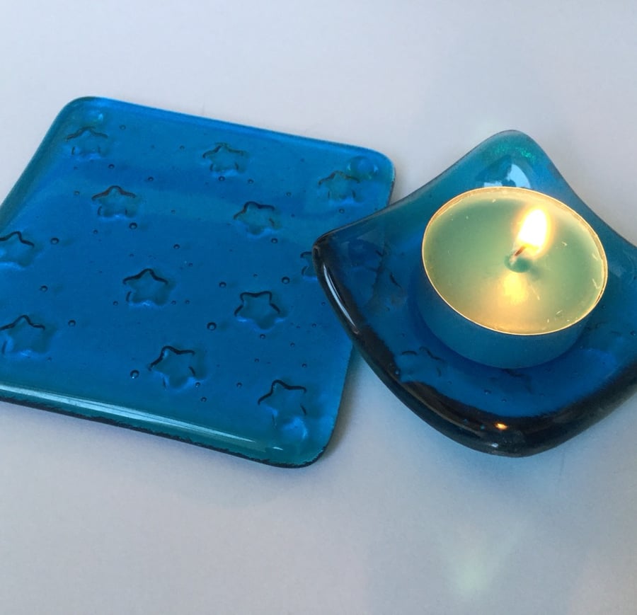 Fused Glass Coaster and trinket dish.... Turquoise Stars