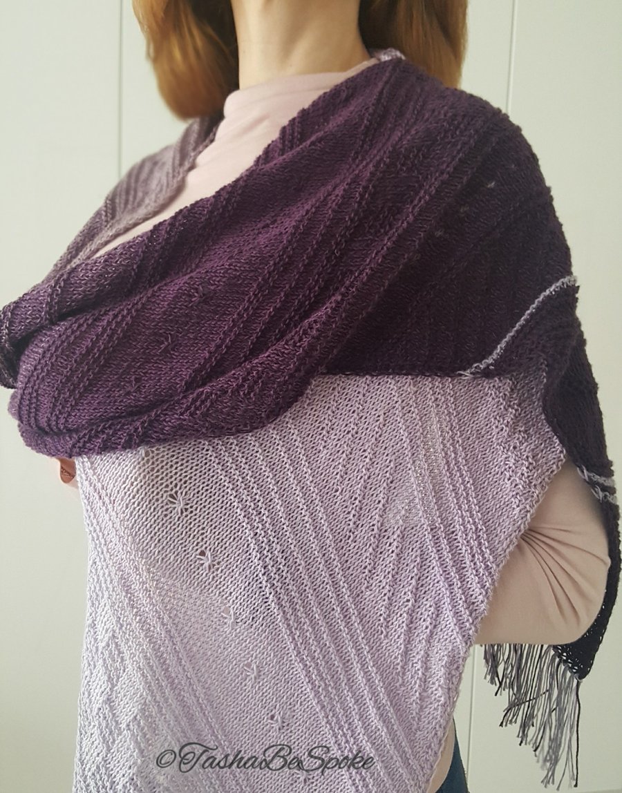SALE Hand knitted purple cotton scarf with fringes, Gift for women