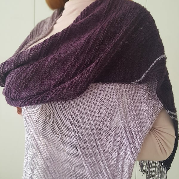 SALE Hand knitted purple cotton scarf with fringes, Gift for women