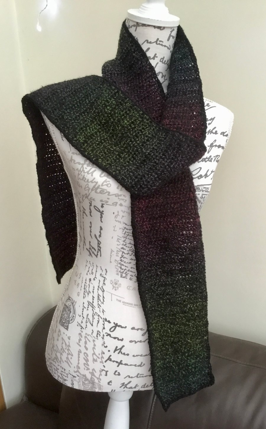 Midnight Rainbow Slim Long Length Crocheted Scarf in Denys Brunton Designer Yarn