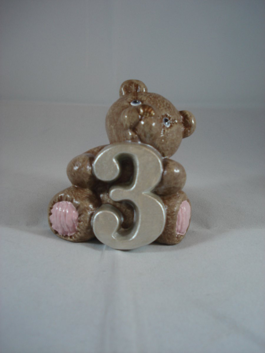 Ceramic Small Hand Painted Brown Bear Animal Figurine Number Three Ornament.