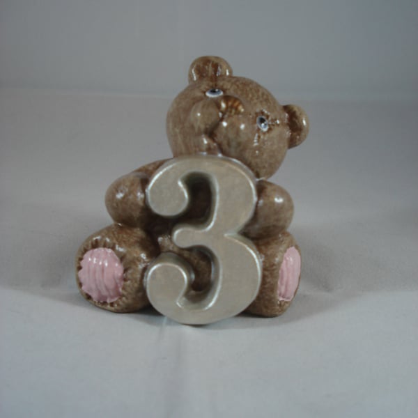 Ceramic Small Hand Painted Brown Bear Animal Figurine Number Three Ornament.