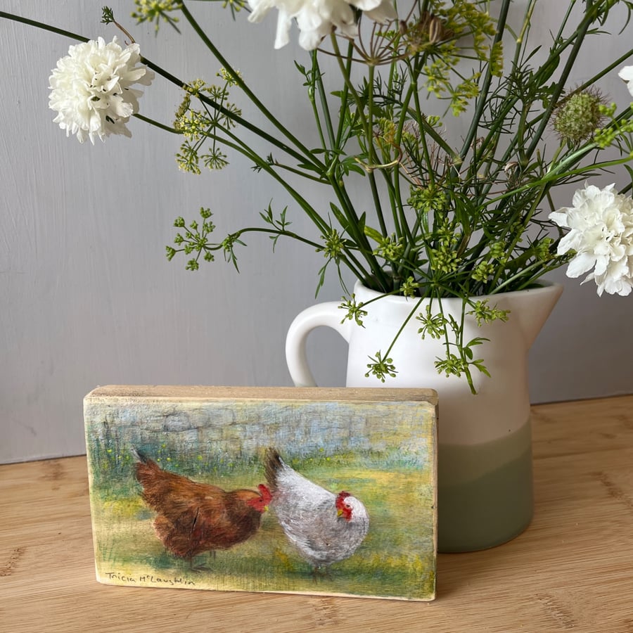 Original painting of hens on reclaimed wood