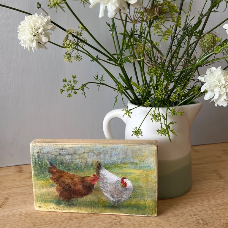 Original painting of hens on reclaimed wood