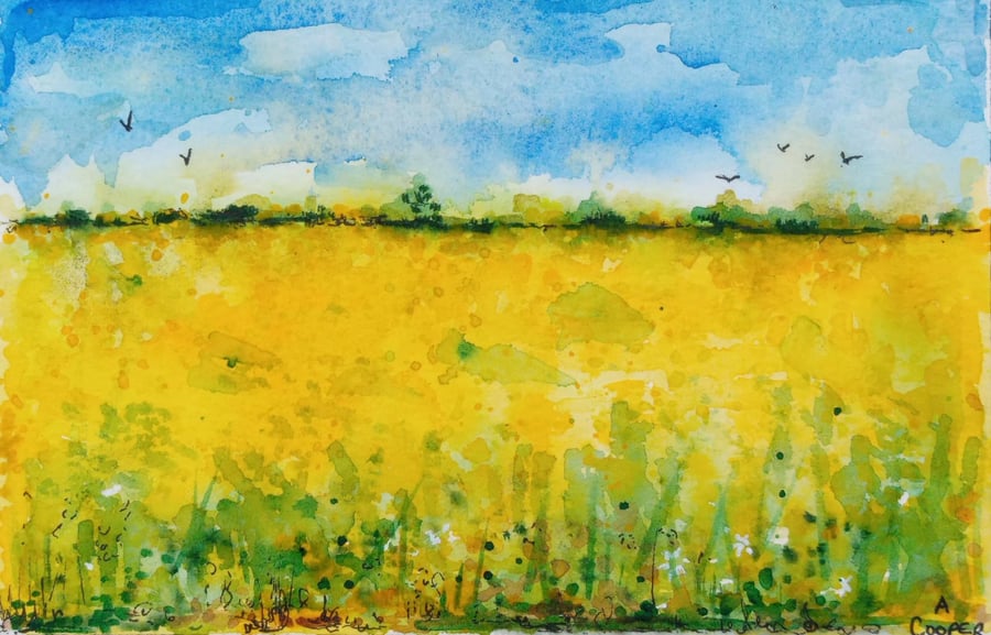 , RAPESEED FIELDS OF DERBYSHIRE, original watercolour and fine liner 