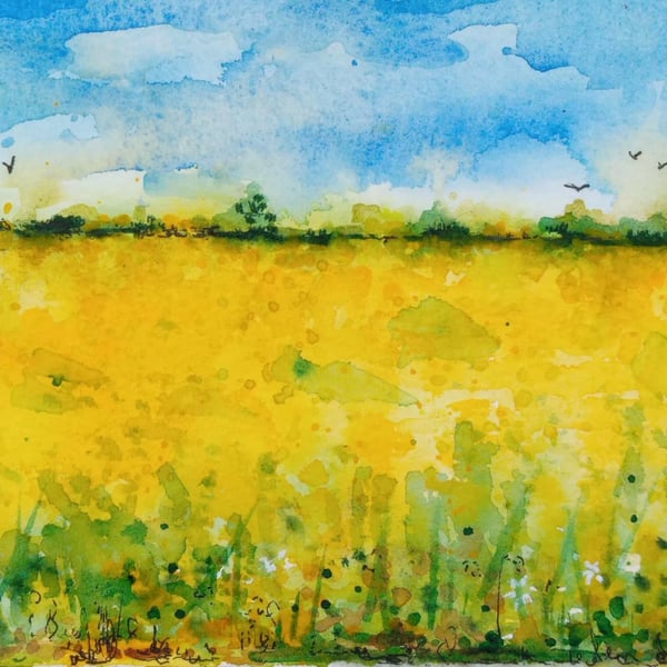 , RAPESEED FIELDS OF DERBYSHIRE, original watercolour and fine liner 