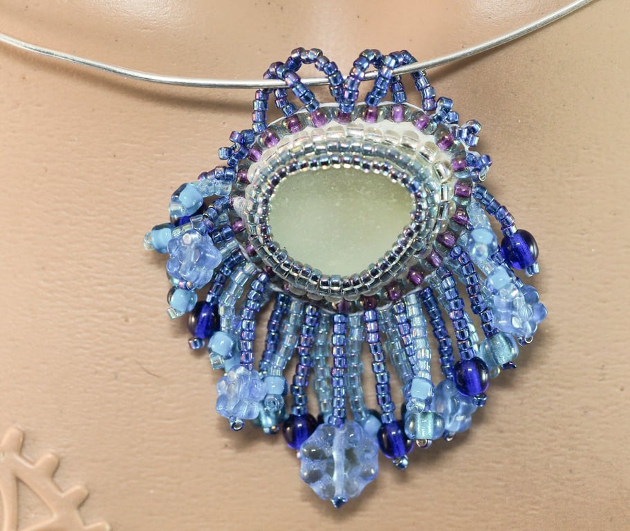 White Seaglass and Blue Beads Pendant