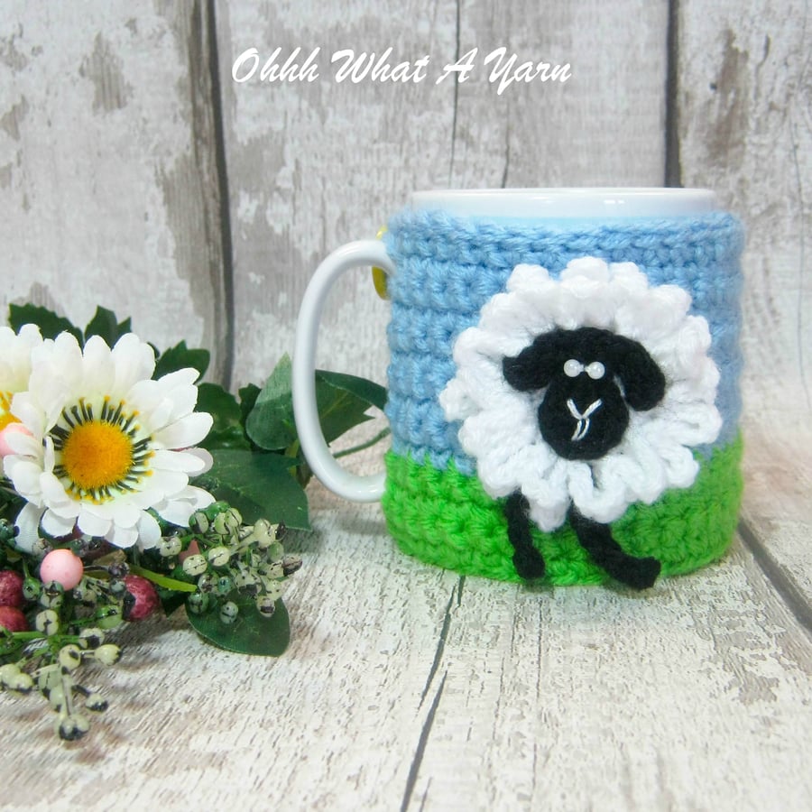 Crochet sheep mug hug, mug cosy with sheep, mug cozy, mug warmer