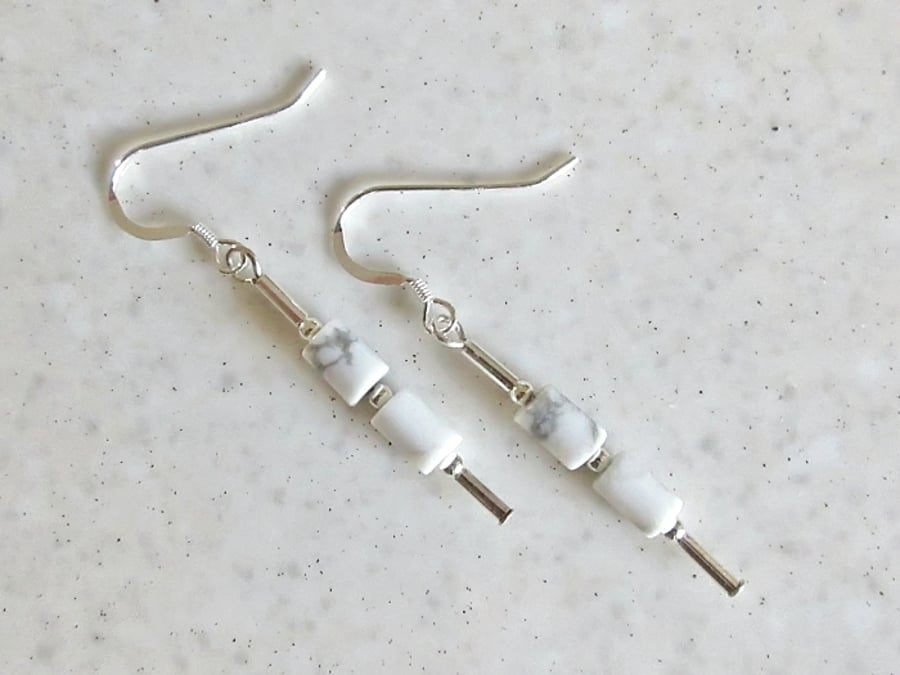Slim White & Grey Howlite Beaded Earrings With Sterling Silver Tubes