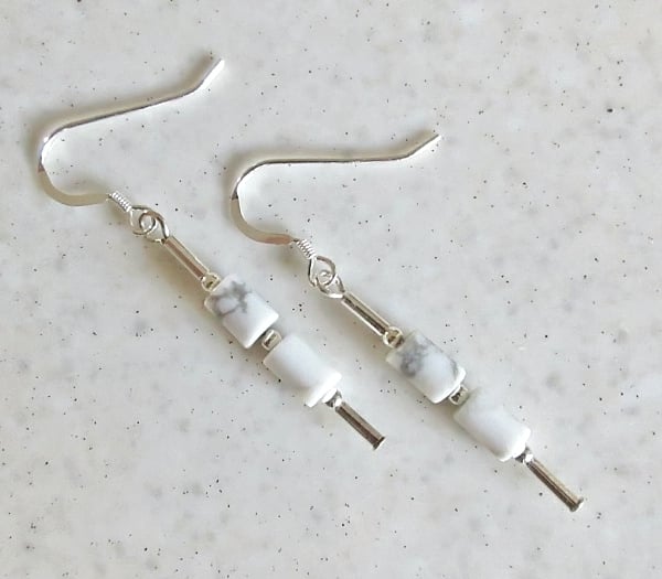 Slim White & Grey Howlite Beaded Earrings With Sterling Silver Tubes