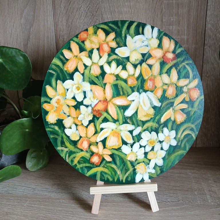 Daffodils original painting on circular thin wood.  Springtime decoration.   