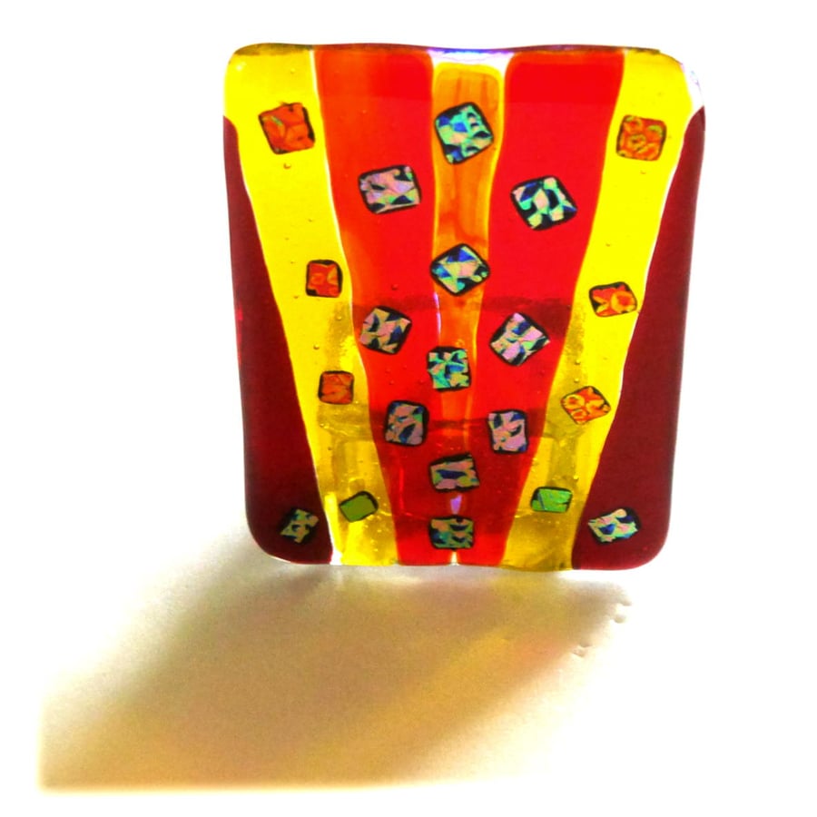 SOLD Candle Holder Fused Glass Tea light Red Yellow Flare Dichroic