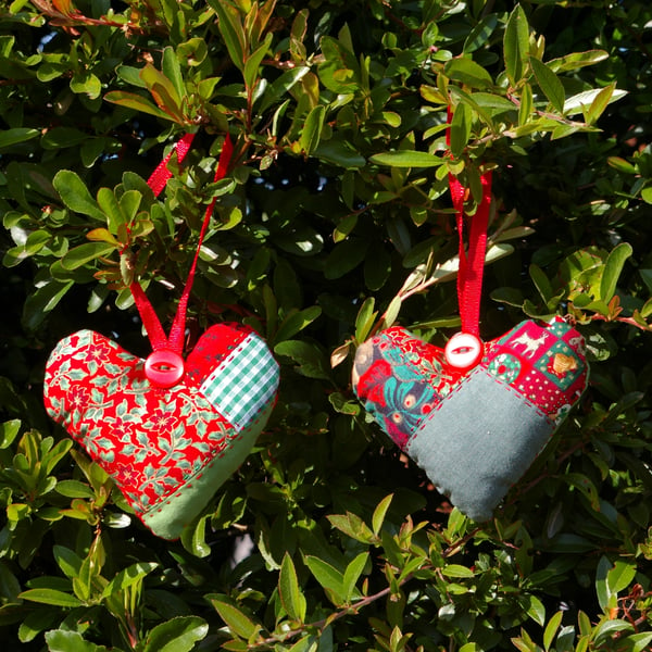 Patchwork Scented Christmas Heart Decorations x2