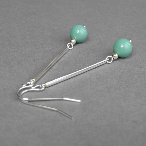 Long Aqua Pearl and Silver Bar Dangle Earrings - Simple Mint Green Drop Earrings