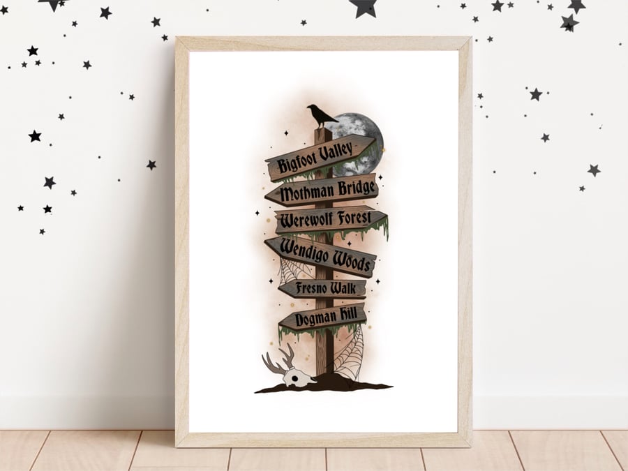 Cryptid Spooky Sign Post Print, Bigfoot Decor, Mothman, Wendigo, Halloween Decor