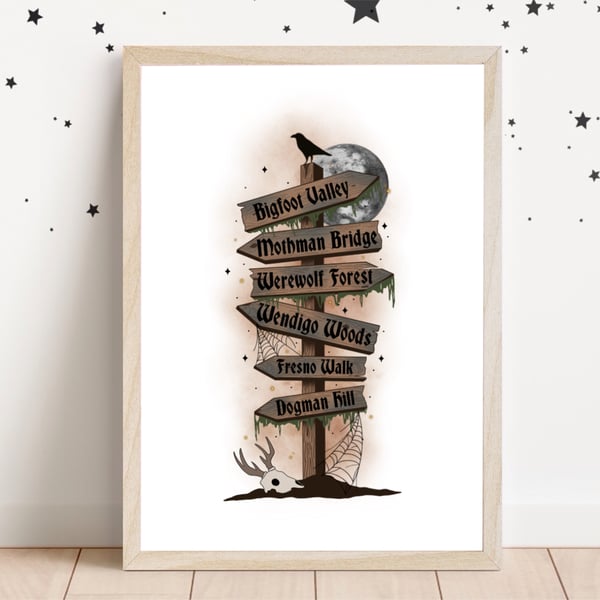 Cryptid Spooky Sign Post Print, Bigfoot Decor, Mothman, Wendigo, Halloween Decor