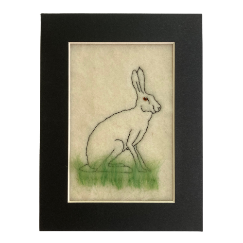 Hare picture, hand stitched outline drawing